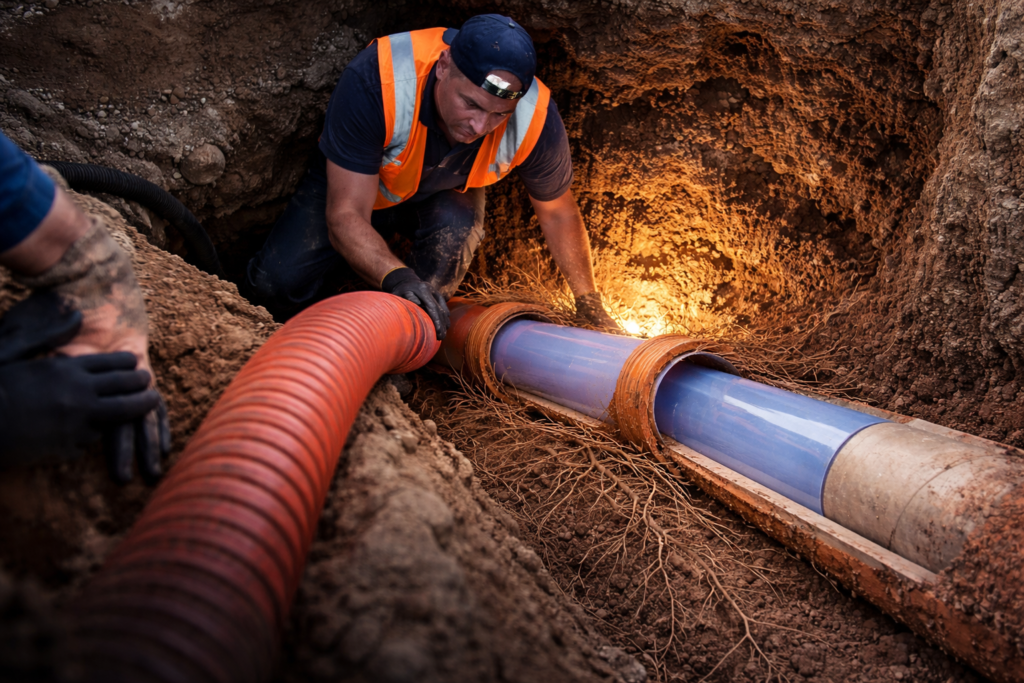 Technician installing a trenchless sewer liner through an orange inversion hose while the liner advances inside an existing clay sewer pipe underground.